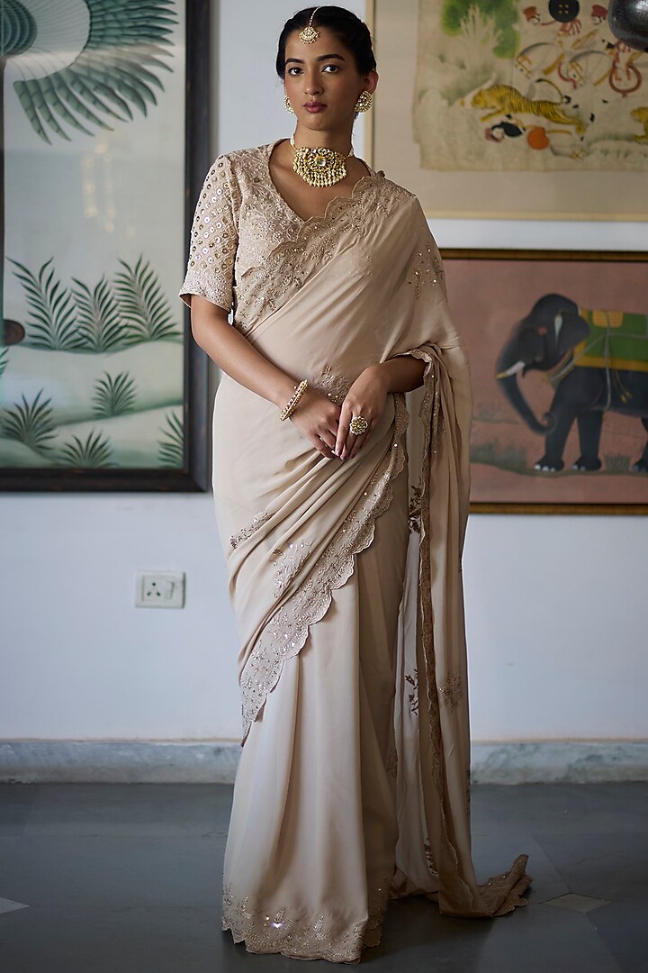 Almond Beige Silk Georgette Embroidered Scalloped Saree Set by Vashisht Guru Dutt at Pernia's Pop Up Shop