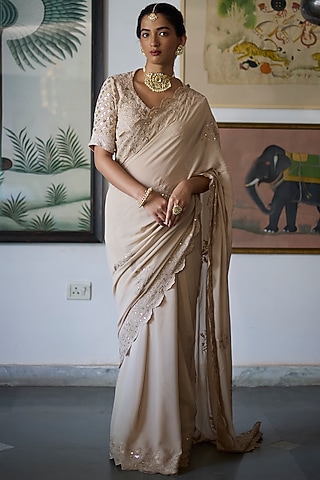 Almond Beige Silk Georgette Embroidered Scalloped Saree Set by Vashisht Guru Dutt