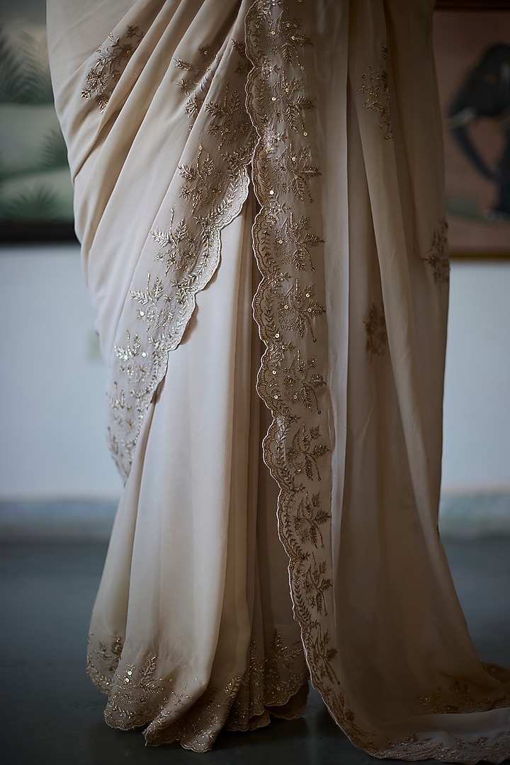 Almond Beige Silk Georgette Embroidered Scalloped Wedding Saree Set by Vashisht Guru Dutt at Pernia's Pop Up Shop