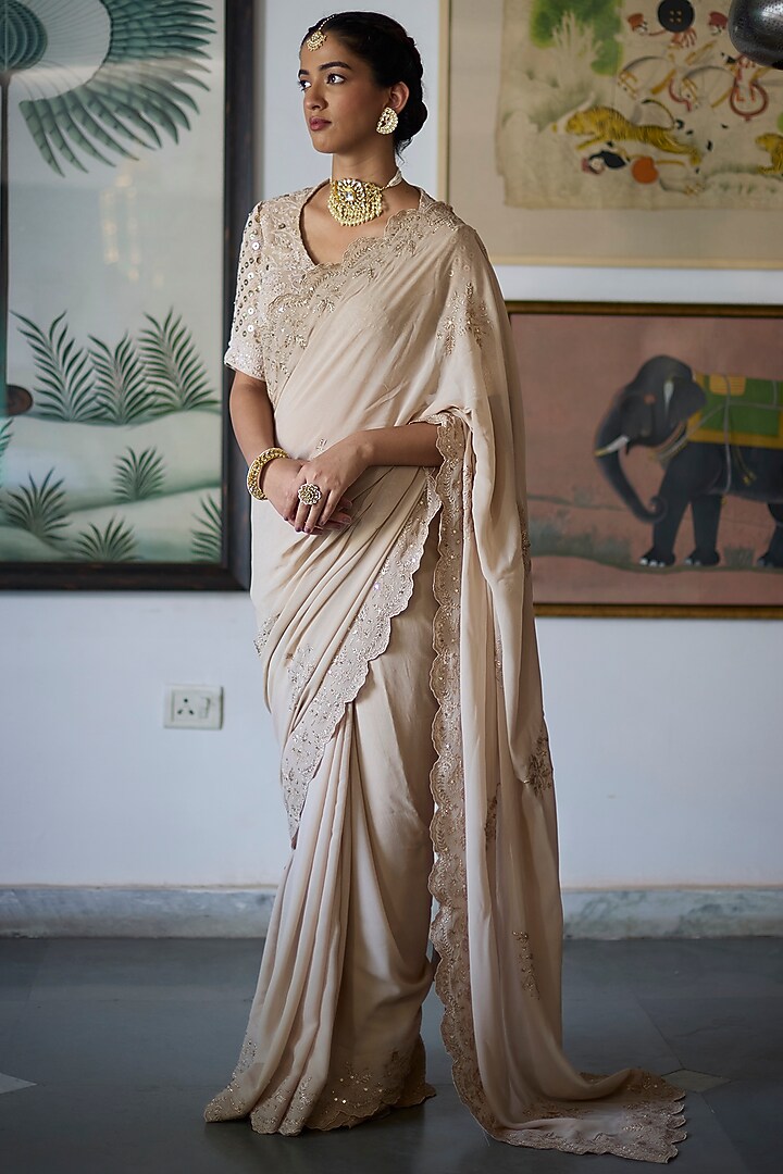 Almond Beige Silk Georgette Embroidered Scalloped Wedding Saree Set by Vashisht Guru Dutt at Pernia's Pop Up Shop