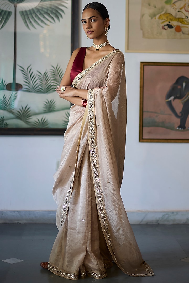 Almond Beige Silk Tissue Crinkled Saree Set by Vashisht Guru Dutt at Pernia's Pop Up Shop