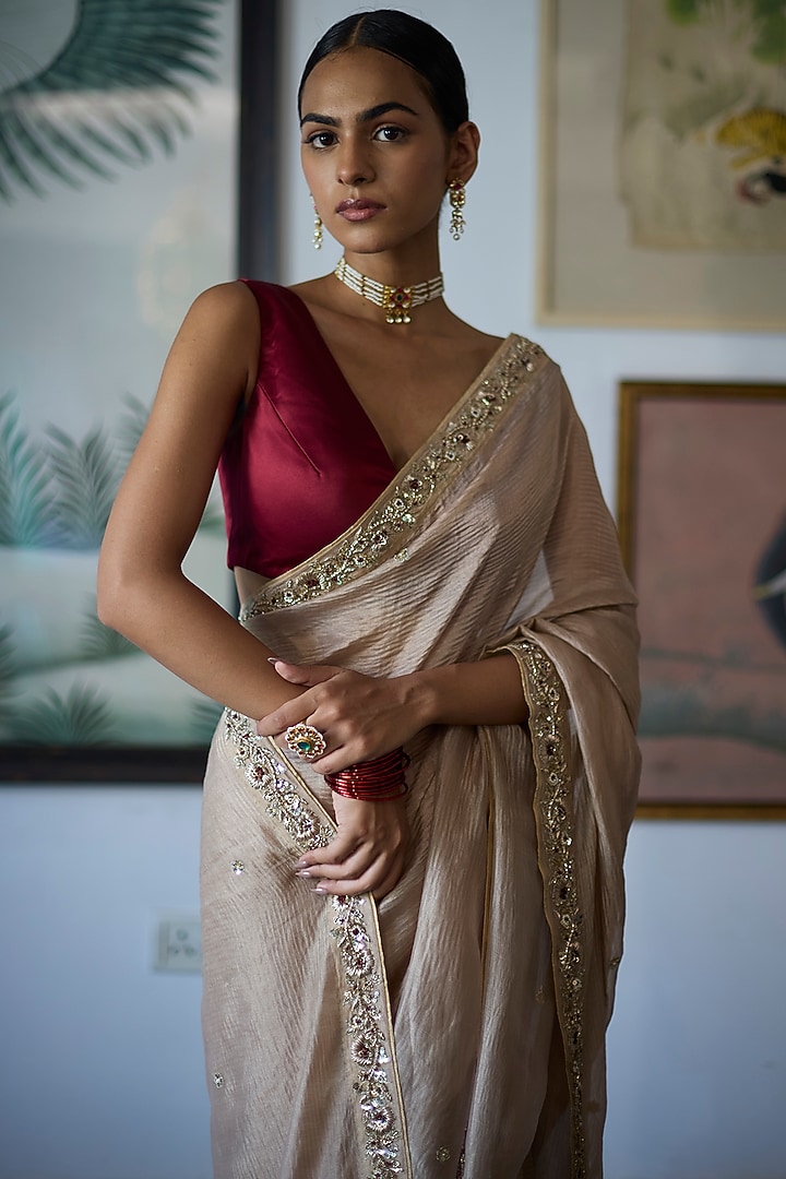 Almond Beige Silk Tissue Crinkled Wedding Saree Set by Vashisht Guru Dutt at Pernia's Pop Up Shop
