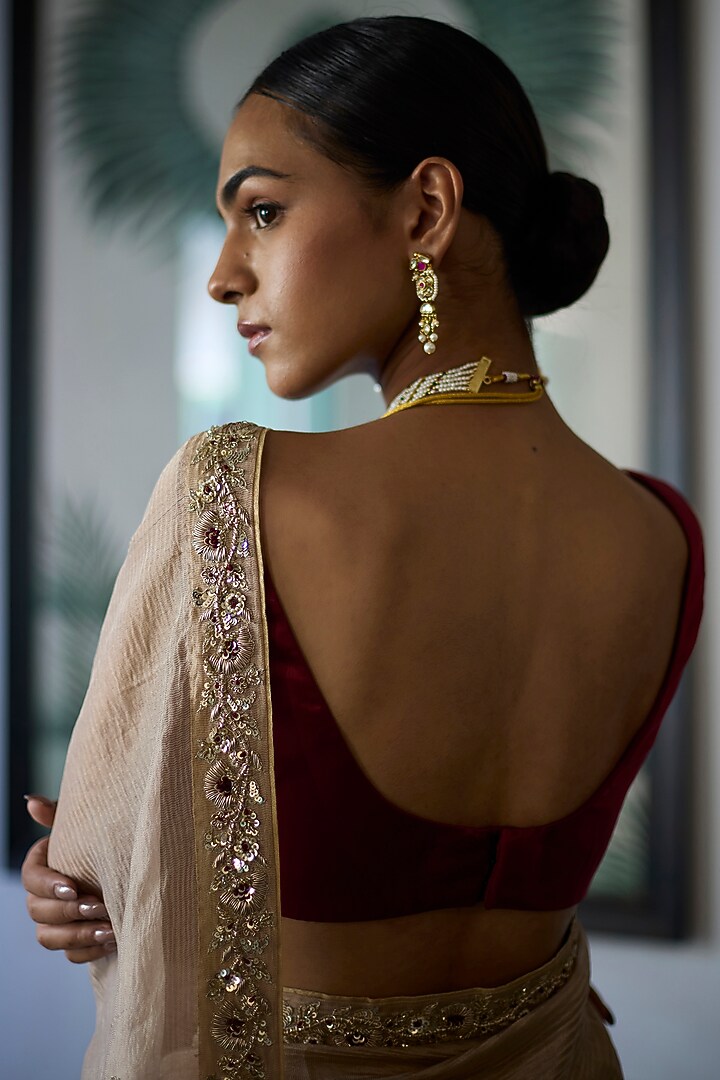 Almond Beige Silk Tissue Crinkled Wedding Saree Set by Vashisht Guru Dutt at Pernia's Pop Up Shop