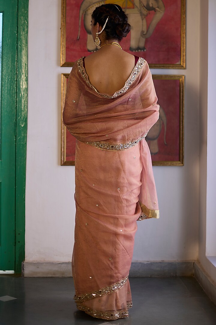 Old Rose Pink Silk Tissue Crinkled Wedding Saree Set by Vashisht Guru Dutt at Pernia's Pop Up Shop
