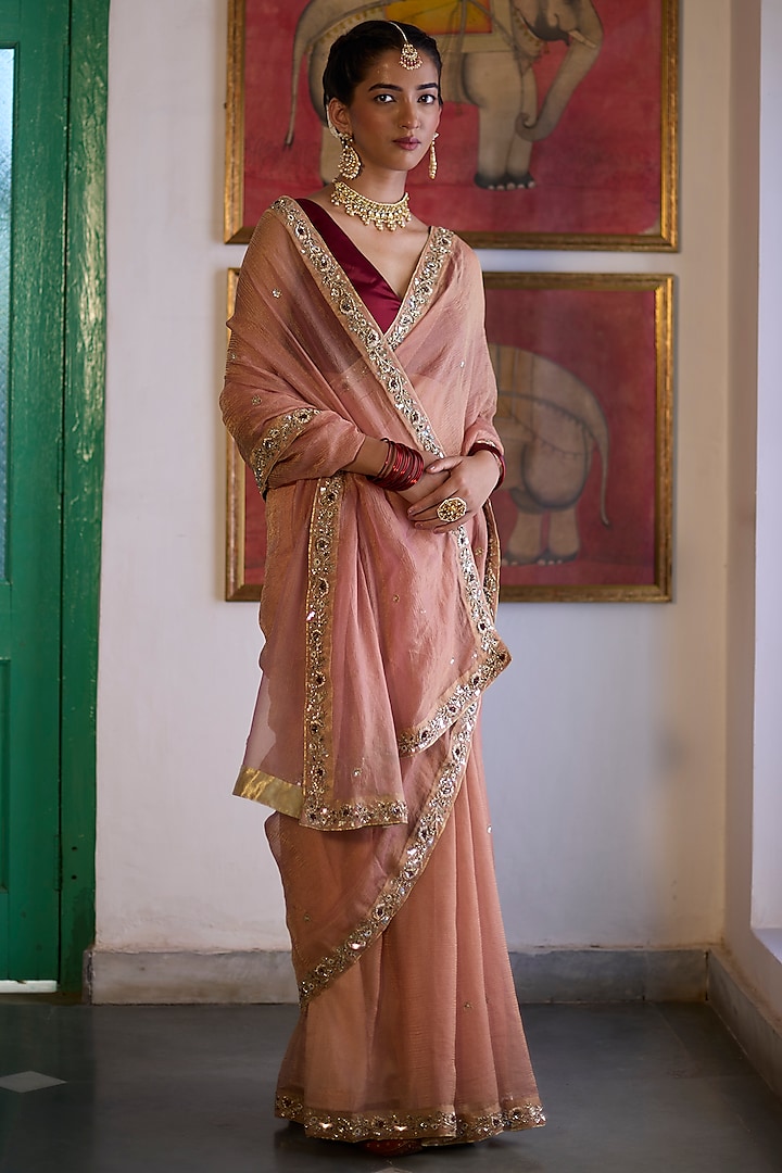 Old Rose Pink Silk Tissue Crinkled Wedding Saree Set by Vashisht Guru Dutt at Pernia's Pop Up Shop