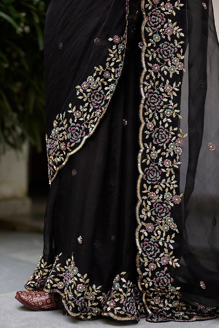 Black Silk Organza Embroidered Scalloped Wedding Saree Set by Vashisht Guru Dutt at Pernia's Pop Up Shop