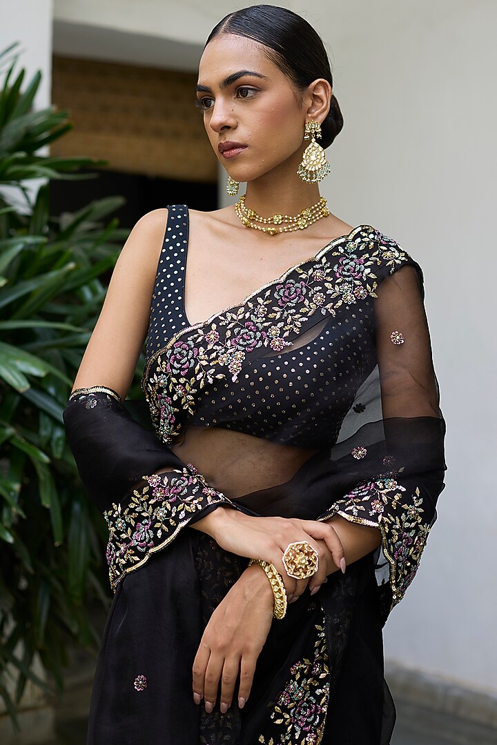 Black Silk Organza Embroidered Scalloped Wedding Saree Set by Vashisht Guru Dutt at Pernia's Pop Up Shop
