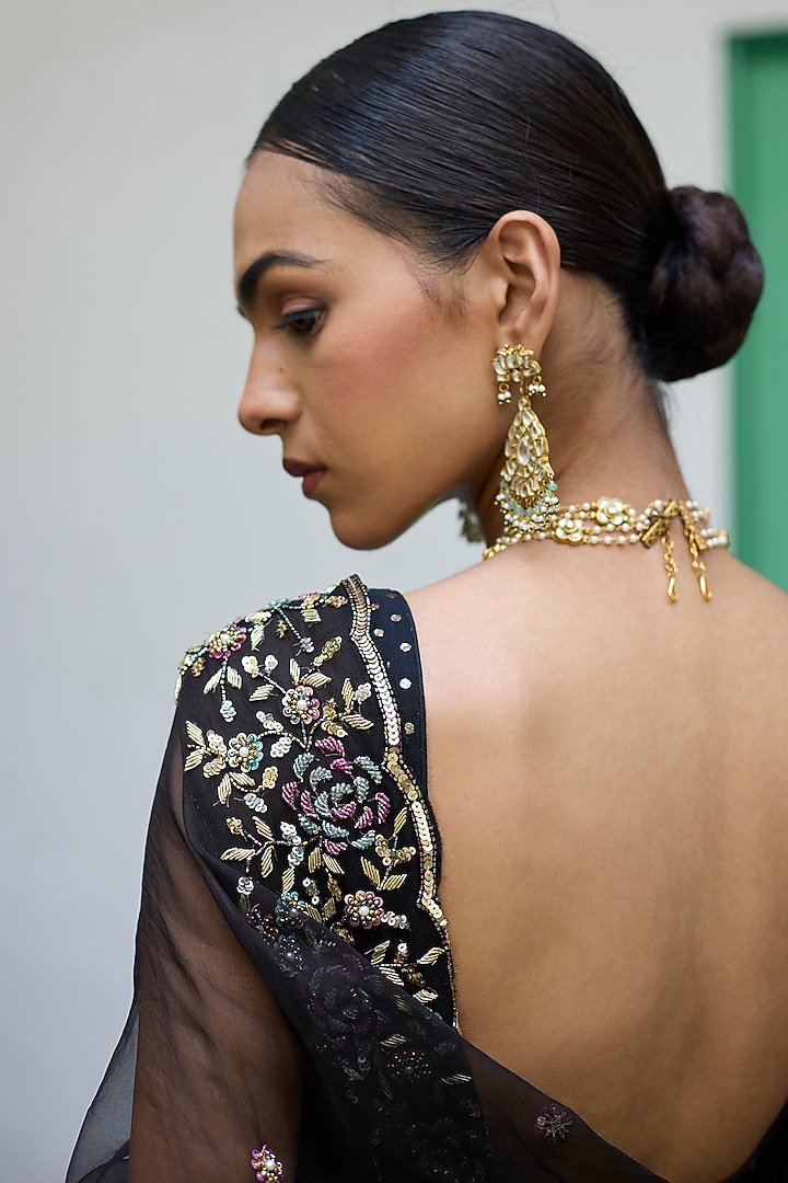 Black Silk Organza Embroidered Scalloped Wedding Saree Set by Vashisht Guru Dutt at Pernia's Pop Up Shop