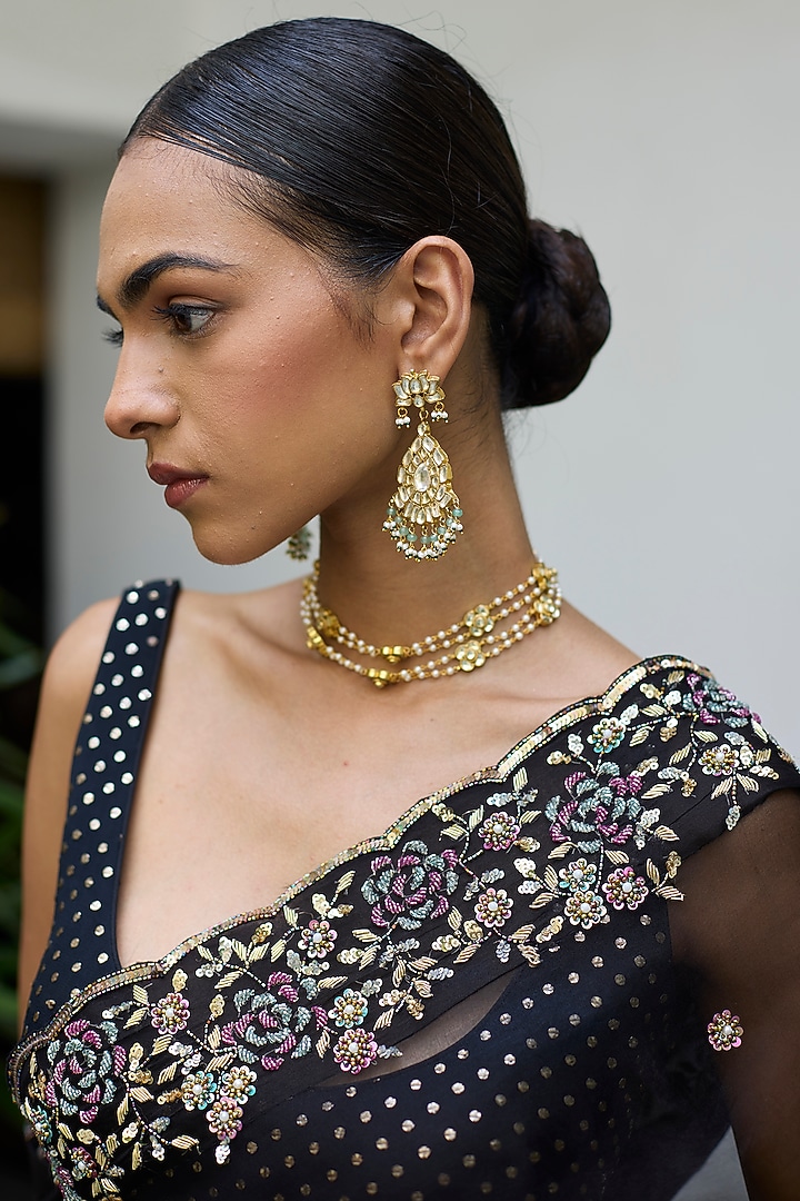 Black Silk Organza Embroidered Scalloped Wedding Saree Set by Vashisht Guru Dutt at Pernia's Pop Up Shop