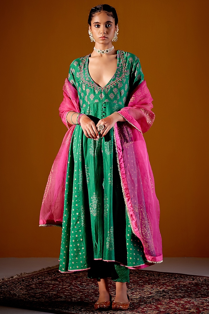 Green Woven Chanderi Block Printed & Hand Embroidered Long Anarkali Set by Vashisht Guru Dutt