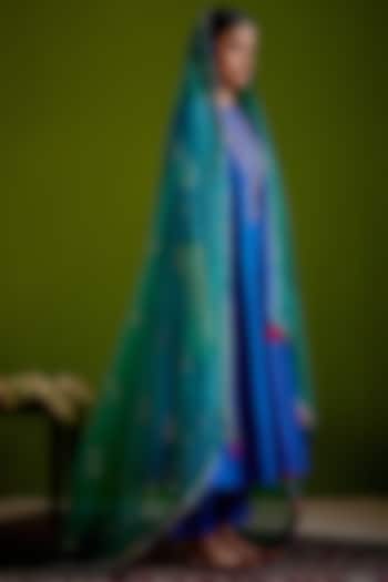 Blue Woven Chanderi Block Printed & Hand Embroidered Long Anarkali Set by Vashisht Guru Dutt