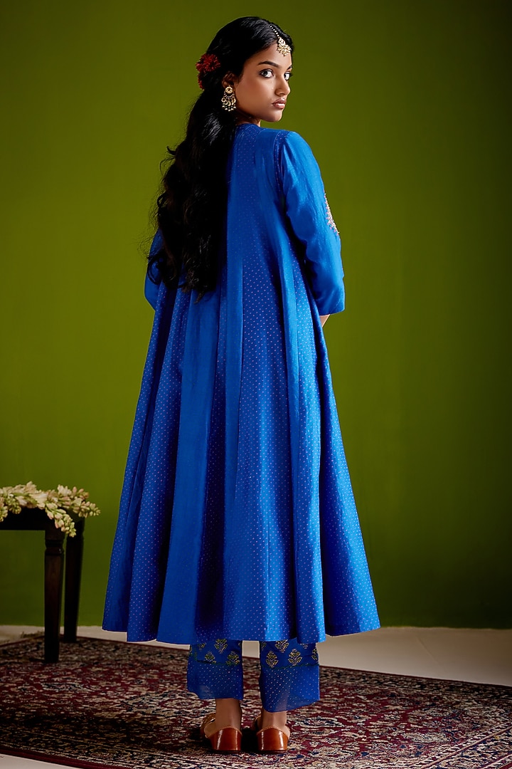 Blue Woven Chanderi Block Printed & Hand Embroidered Long Wedding Anarkali Set by Vashisht Guru Dutt at Pernia's Pop Up Shop