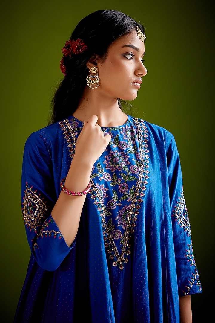 Blue Woven Chanderi Block Printed & Hand Embroidered Long Wedding Anarkali Set by Vashisht Guru Dutt at Pernia's Pop Up Shop
