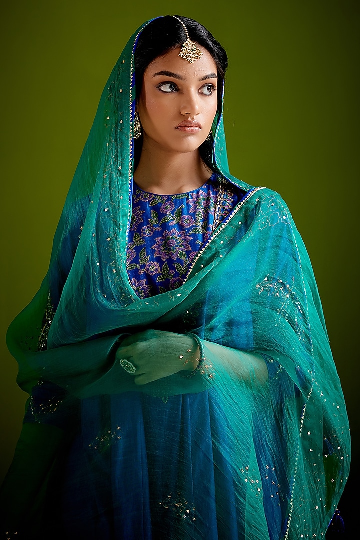 Blue Woven Chanderi Block Printed & Hand Embroidered Long Wedding Anarkali Set by Vashisht Guru Dutt at Pernia's Pop Up Shop