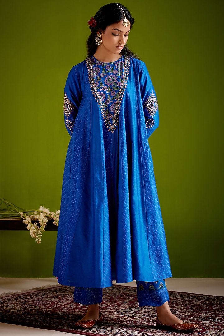 Blue Woven Chanderi Block Printed & Hand Embroidered Long Wedding Anarkali Set by Vashisht Guru Dutt at Pernia's Pop Up Shop