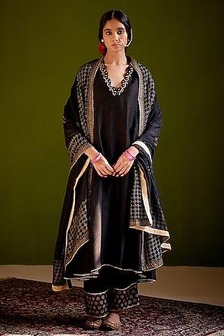 Black Dupion Silk Block Printed & Hand Embroidered Anarkali Set by Vashisht Guru Dutt