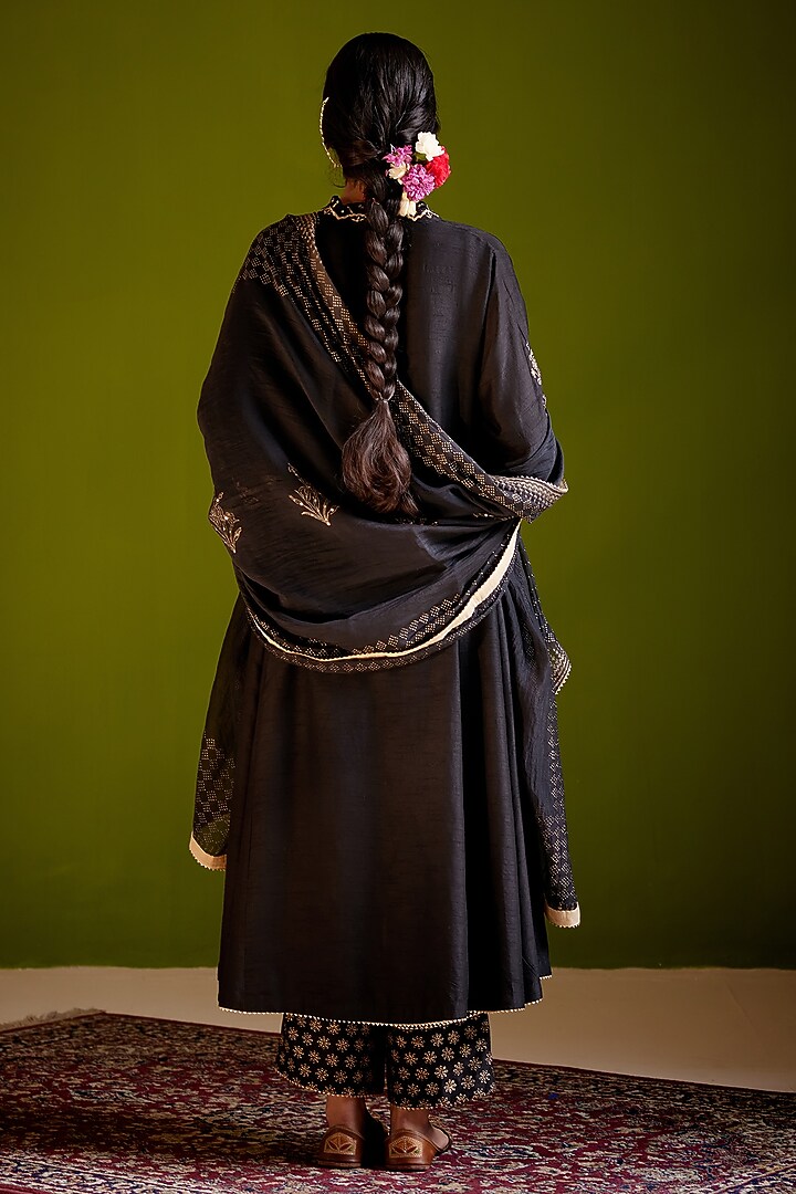 Black Dupion Silk Block Printed & Hand Embroidered Party Wear Anarkali Set by Vashisht Guru Dutt at Pernia's Pop Up Shop