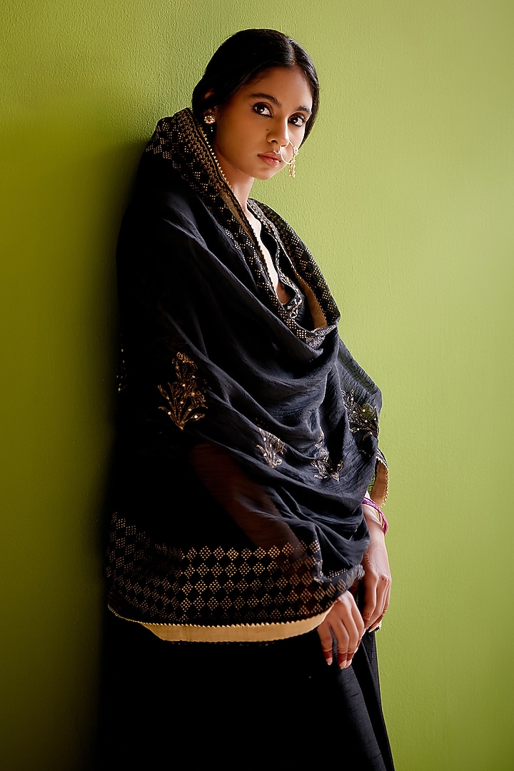 Black Dupion Silk Block Printed & Hand Embroidered Party Wear Anarkali Set by Vashisht Guru Dutt at Pernia's Pop Up Shop