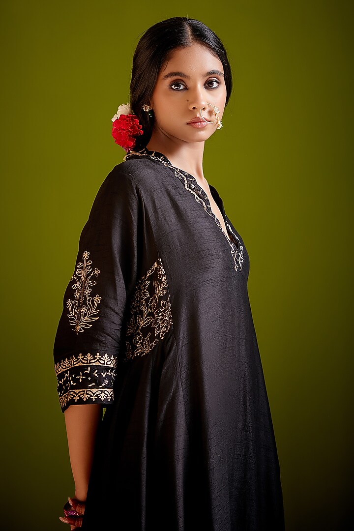 Black Dupion Silk Block Printed & Hand Embroidered Party Wear Anarkali Set by Vashisht Guru Dutt at Pernia's Pop Up Shop