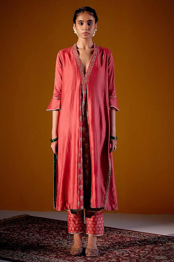 Rust Woven Chanderi Block Printed & Hand Embroidered Kurta Set by Vashisht Guru Dutt at Pernia's Pop Up Shop