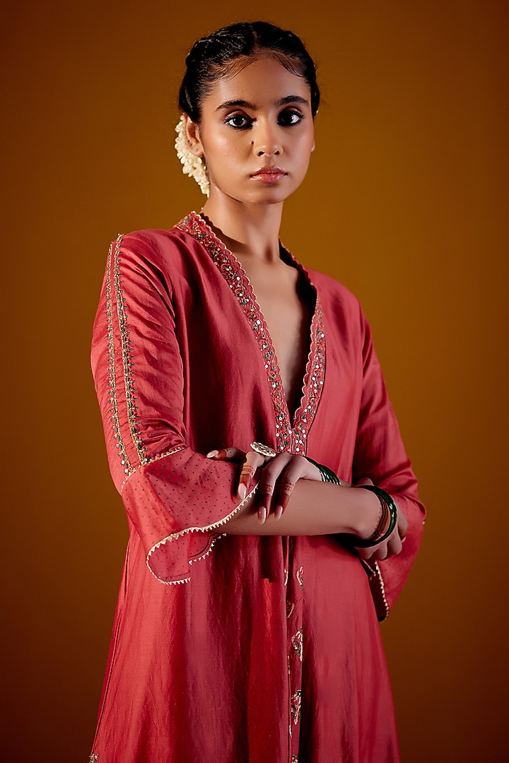 Rust Woven Chanderi Block Printed & Hand Embroidered Kurta Set by Vashisht Guru Dutt at Pernia's Pop Up Shop