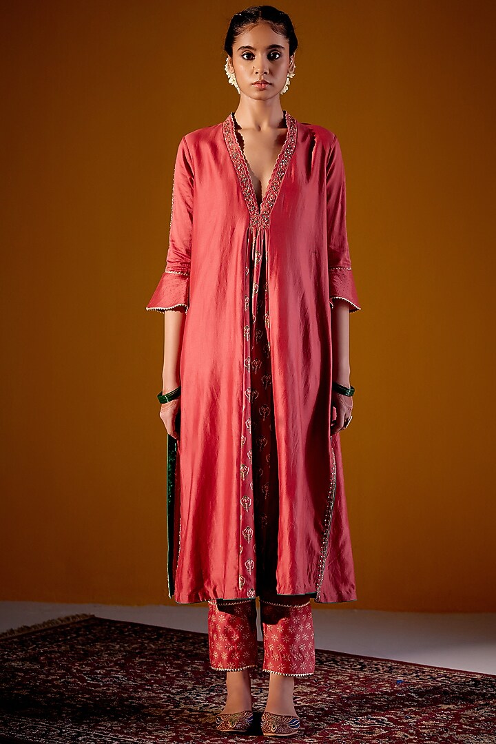 Rust Woven Chanderi Block Printed & Hand Embroidered Kurta Set by Vashisht Guru Dutt at Pernia's Pop Up Shop