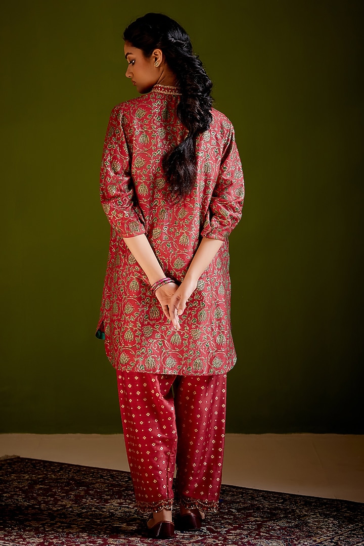 Rust Dupion Silk Block Printed & Hand Embroidered Kurta Set by Vashisht Guru Dutt at Pernia's Pop Up Shop