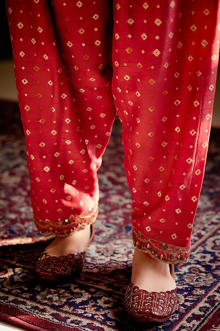 Rust Dupion Silk Block Printed & Hand Embroidered Kurta Set by Vashisht Guru Dutt at Pernia's Pop Up Shop