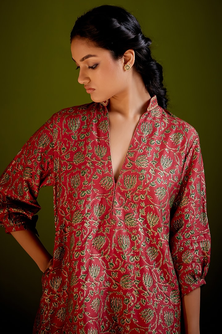 Rust Dupion Silk Block Printed & Hand Embroidered Kurta Set by Vashisht Guru Dutt at Pernia's Pop Up Shop