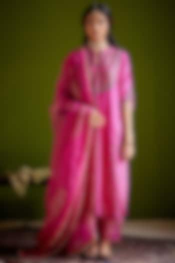 Rani Pink Woven Chanderi Block Printed & Hand Embroidered Paneled Tunic Set by Vashisht Guru Dutt