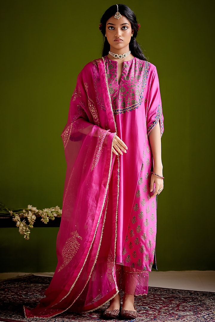 Rani Pink Woven Chanderi Block Printed & Hand Embroidered Paneled Tunic Set by Vashisht Guru Dutt