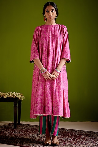 Rani Pink Woven Chanderi Block Printed & Hand Embroidered Anarkali Set by Vashisht Guru Dutt