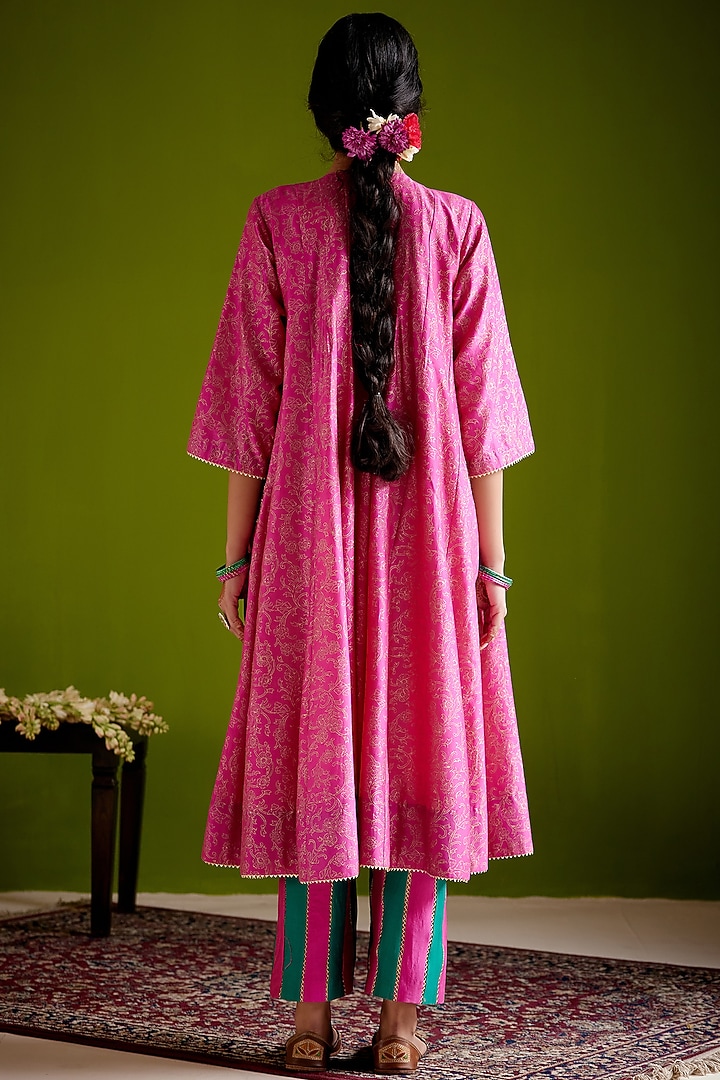 Rani Pink Woven Chanderi Block Printed & Hand Embroidered Party Wear Anarkali Set by Vashisht Guru Dutt at Pernia's Pop Up Shop
