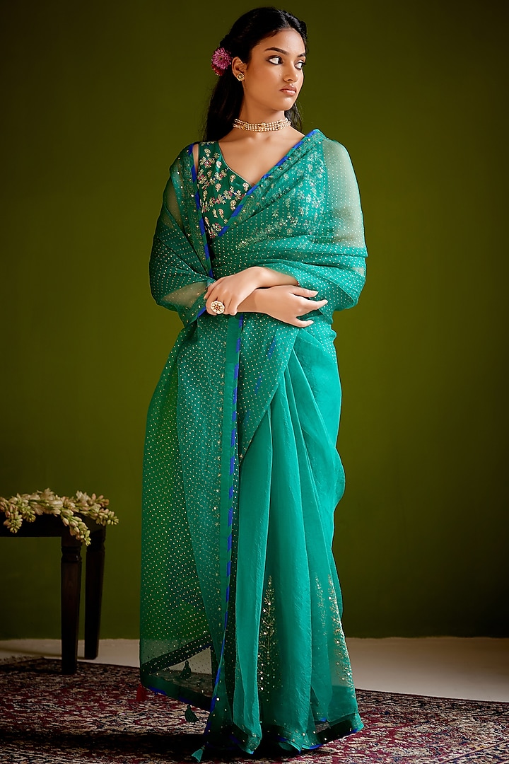 Green Silk Organza Block Printed Saree Set by Vashisht Guru Dutt