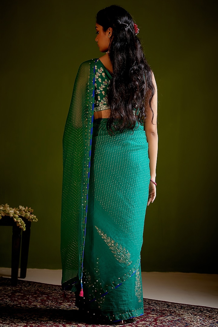 Green Silk Organza Block Printed Wedding Saree Set by Vashisht Guru Dutt at Pernia's Pop Up Shop
