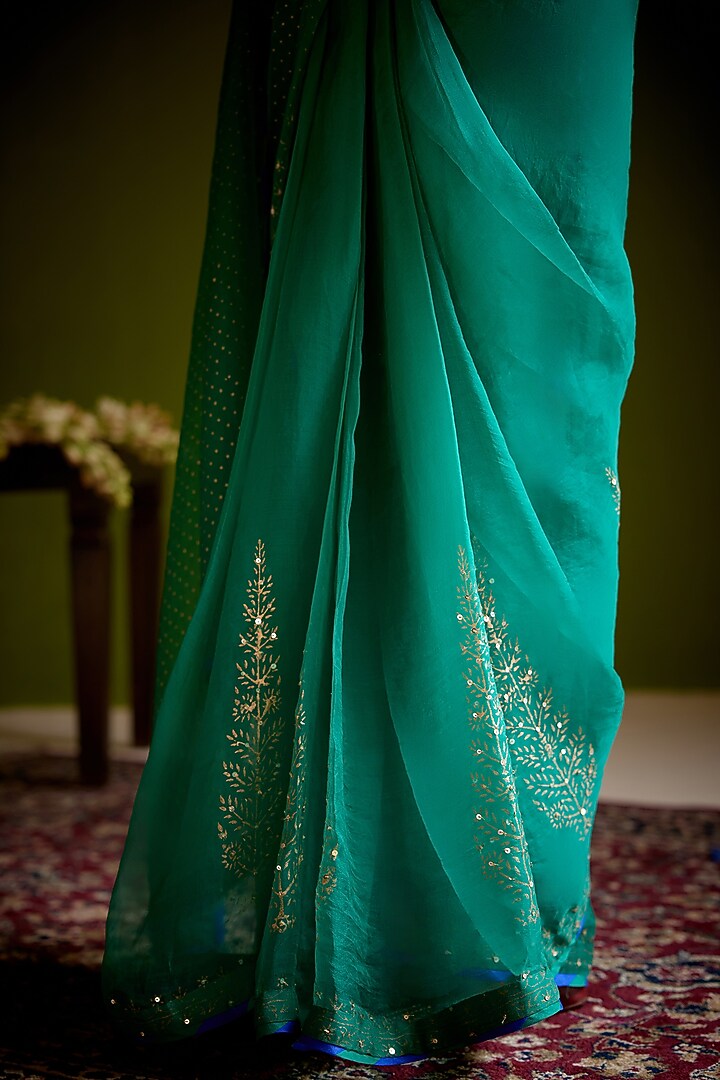 Green Silk Organza Block Printed Wedding Saree Set by Vashisht Guru Dutt at Pernia's Pop Up Shop