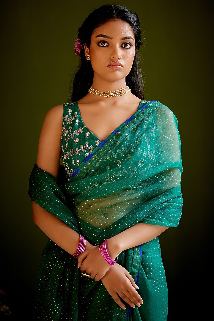 Green Silk Organza Block Printed Wedding Saree Set by Vashisht Guru Dutt at Pernia's Pop Up Shop
