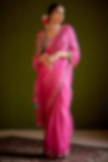 Rani Pink Silk Organza Block Printed Saree Set by Vashisht Guru Dutt