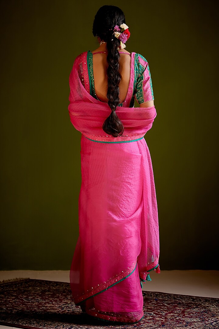 Rani Pink Silk Organza Block Printed Party Wear Saree Set by Vashisht Guru Dutt at Pernia's Pop Up Shop