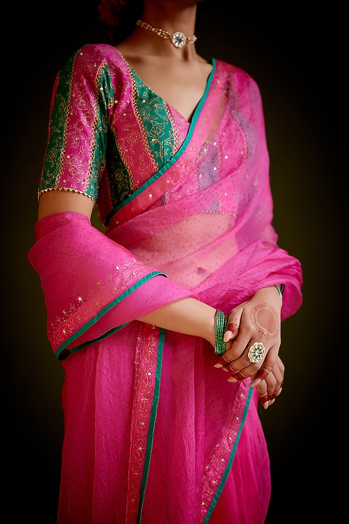 Rani Pink Silk Organza Block Printed Party Wear Saree Set by Vashisht Guru Dutt at Pernia's Pop Up Shop