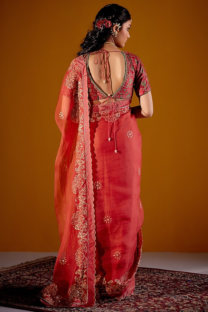 Rust Handloom Tissue Chanderi & Organza Block Printed Wedding Saree Set by Vashisht Guru Dutt at Pernia's Pop Up Shop