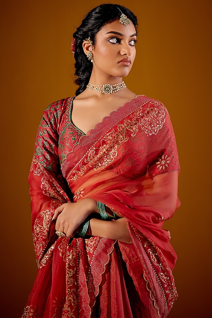 Rust Handloom Tissue Chanderi & Organza Block Printed Wedding Saree Set by Vashisht Guru Dutt at Pernia's Pop Up Shop