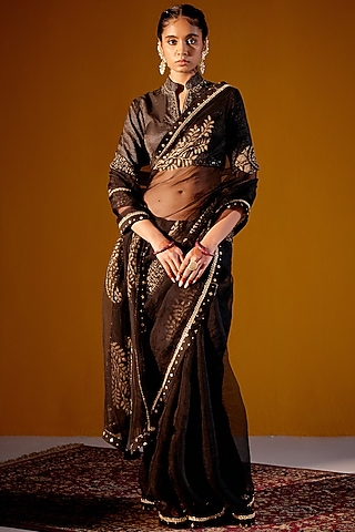 Black Silk Organza Block Printed Saree Set by Vashisht Guru Dutt