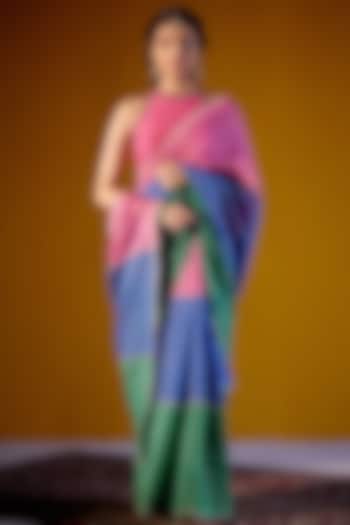 Multi-Colored Handloom Chanderi Mul Block Printed Saree Set by Vashisht Guru Dutt