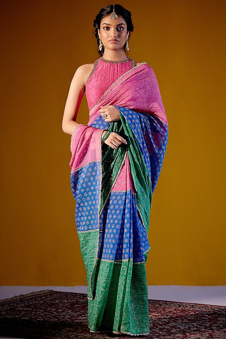 Multi-Colored Handloom Chanderi Mul Block Printed Saree Set by Vashisht Guru Dutt