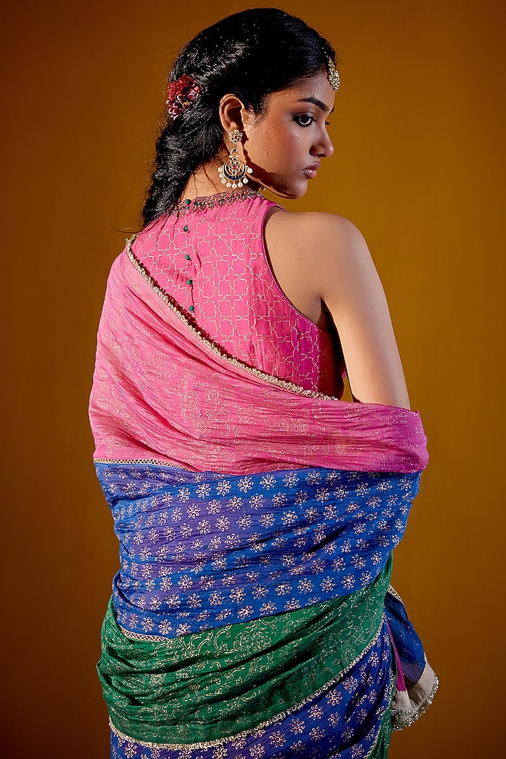 Multi-Colored Handloom Chanderi Mul Block Printed Party Wear Saree Set by Vashisht Guru Dutt at Pernia's Pop Up Shop