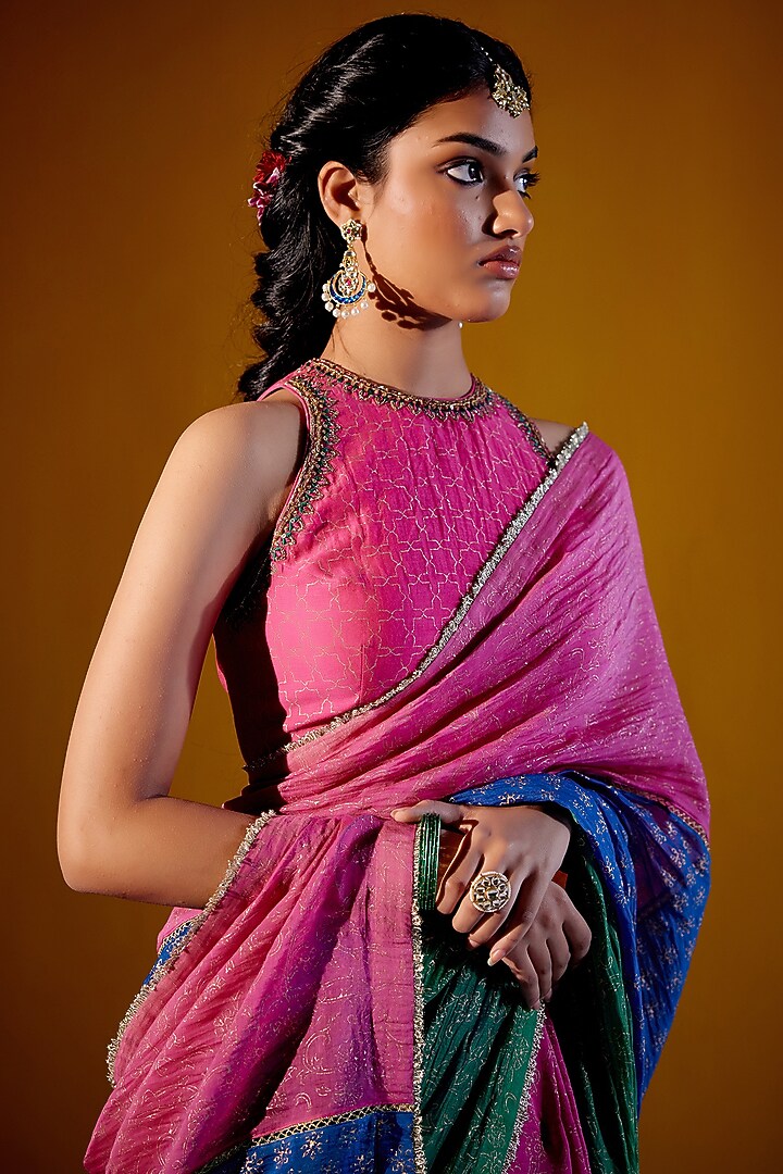 Multi-Colored Handloom Chanderi Mul Block Printed Party Wear Saree Set by Vashisht Guru Dutt at Pernia's Pop Up Shop