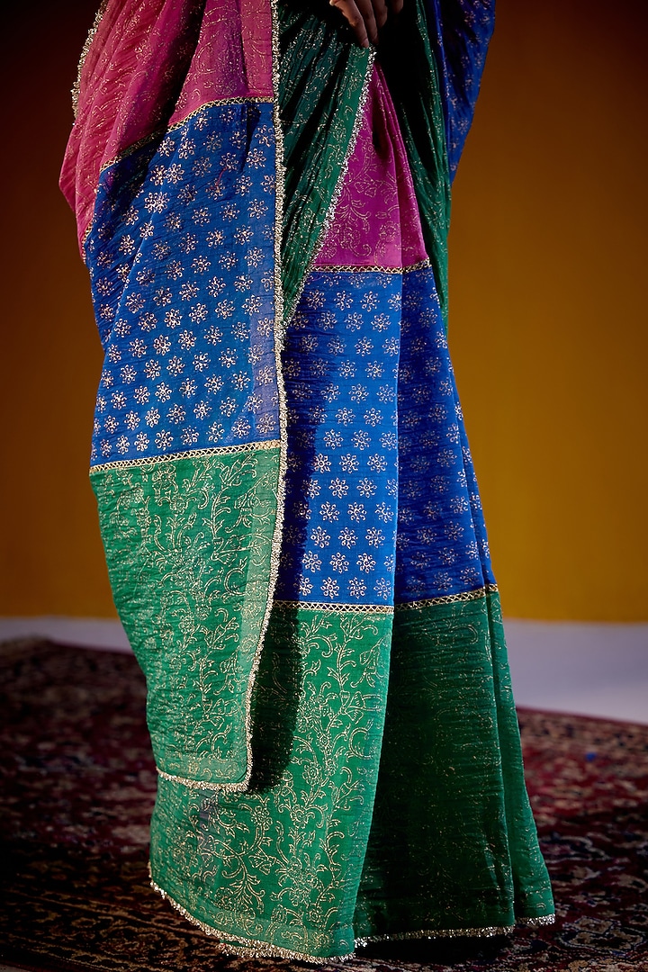 Multi-Colored Handloom Chanderi Mul Block Printed Party Wear Saree Set by Vashisht Guru Dutt at Pernia's Pop Up Shop