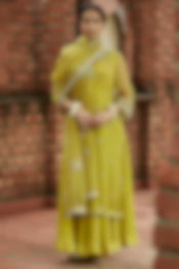 Olive Silk Organza Resham Embroidered Layered Kurta Set by Vashisht Guru Dutt at Pernia's Pop Up Shop