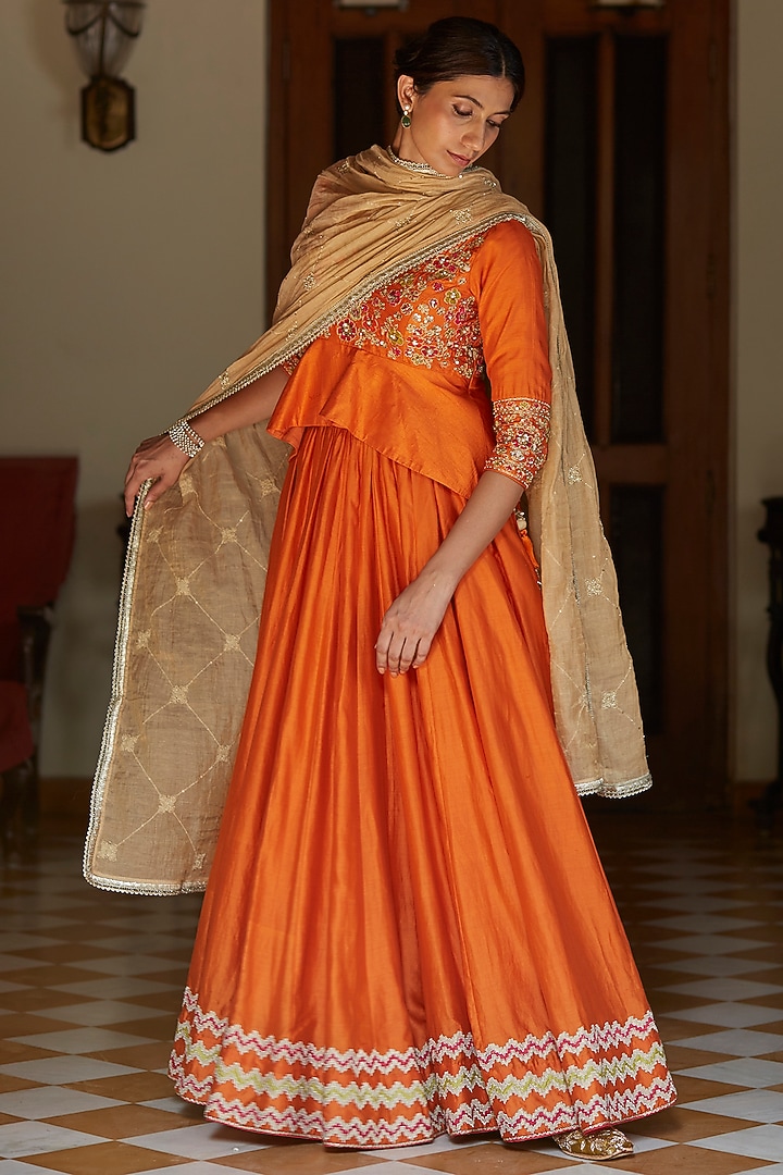 Orange Chanderi Resham Embroidered Wedding Lehenga Set by Vashisht Guru Dutt at Pernia's Pop Up Shop